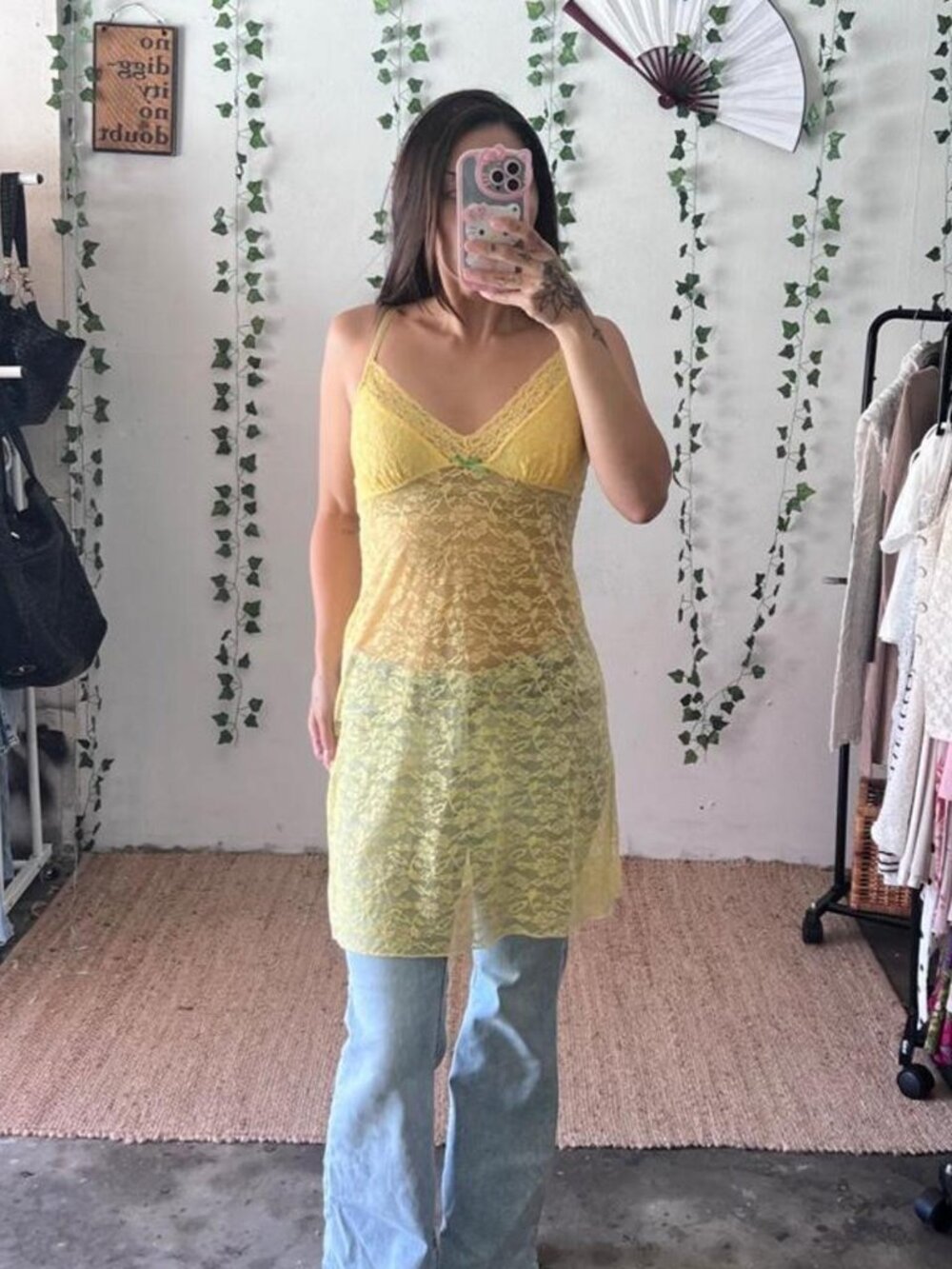 Jenny Jen yellow lace slip dress with lined bust and adjustable straps size L